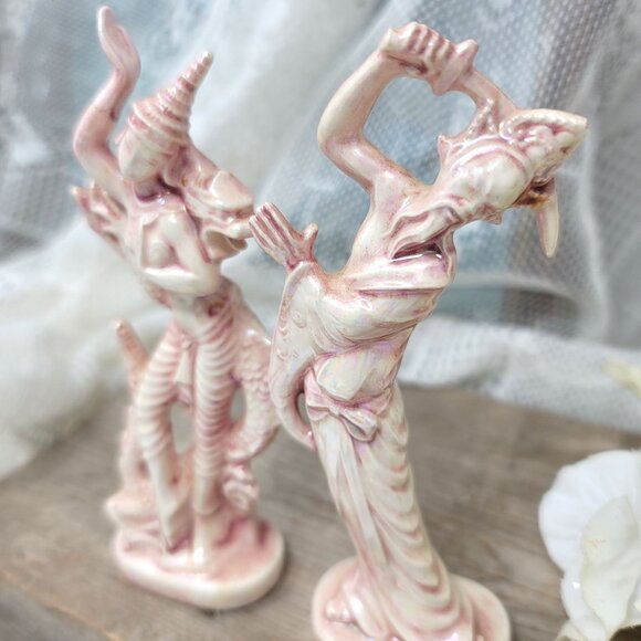Vintage Ceramic Hindu God & Goddess Statues Pink & White Iridescent Glaze - Picture 3 of 7